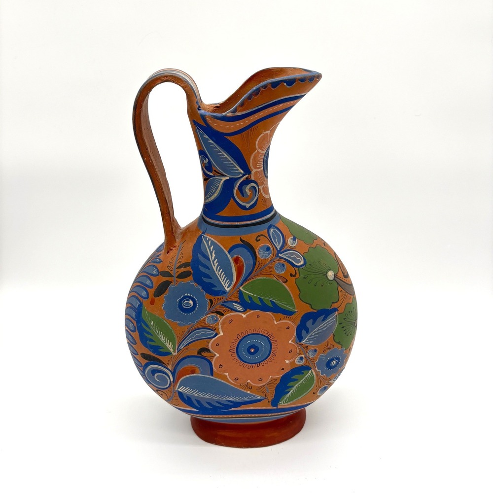Mexican Folk Art Hand Painted Floral Clay Pitcher Tonala Style Pottery Jug Decor